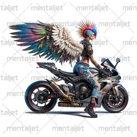 Angel on sport bike, Motorcycle legend, Fantasy rider, Angel girl punk motorcyclist, Wings over road, Moto racing and speed, Fairy biker PNG