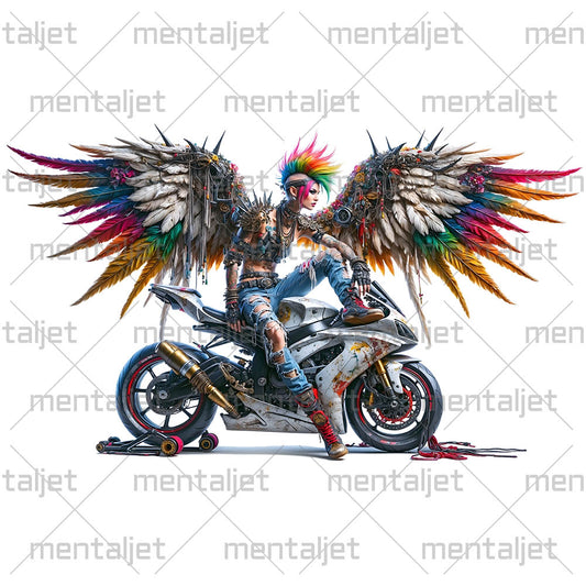 Angel girl punk motorcyclist, Wings over road, Angel on sport bike, Motorcycle legend, Fantasy rider, Moto racing and speed, Fairy biker PNG