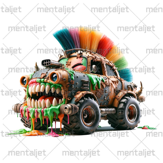 Mad punk car, Cool speed monster, Funny car and crazy wheels, Cute gift for baby, Cartoon vehicle in PNG