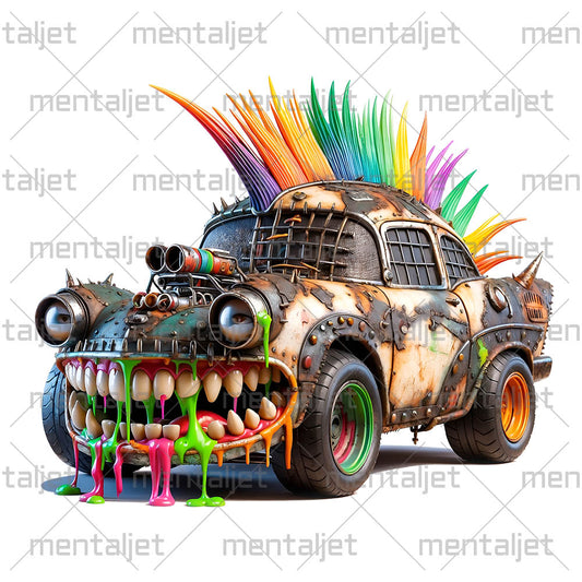Cool sports car monster, Mad muscle car punk, Motorsport art, Racing car and crazy speed, Cartoon extreme vehicle in PNG