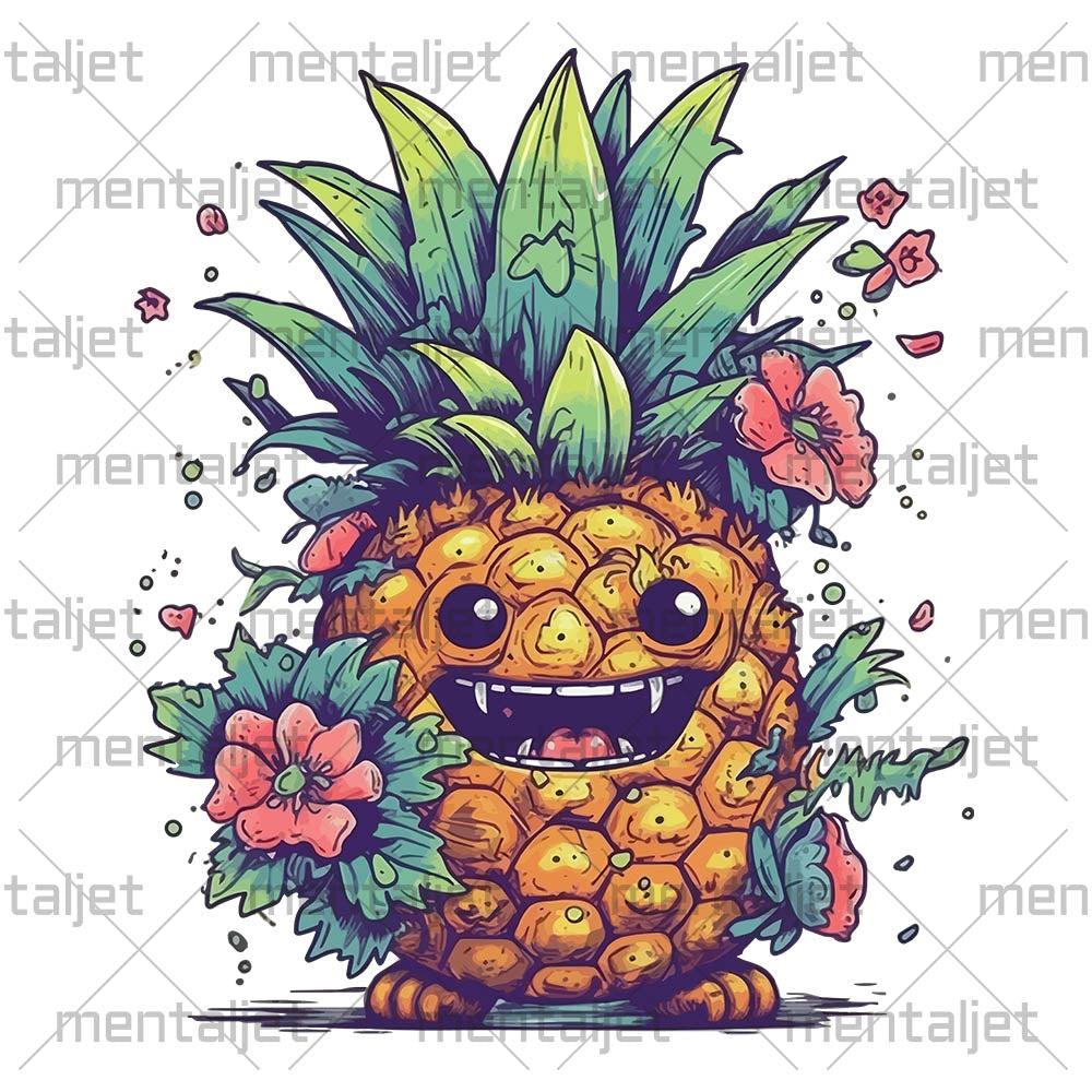 Fruit monster fantastic illustration, Pineapple smile, Fantasy funny monster, Cartoon fairy horror, Mutant portrait - White glossy mug
