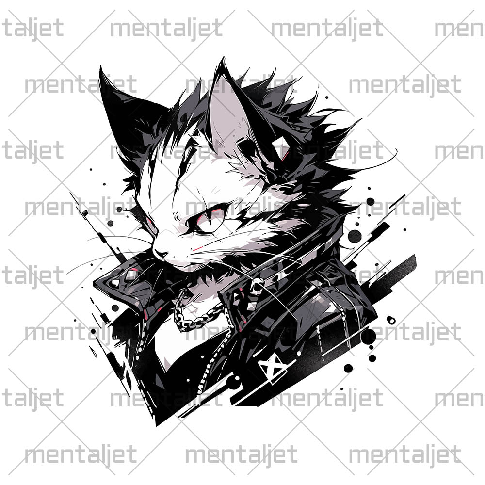 Angry punk kitten in black leather jacket, Cat rock and roll, Cat rocker fashion, Born to be wild - Unisex t-shirt