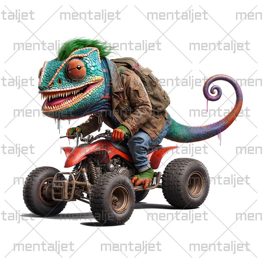 Chameleon punk on quad bike, Funny smiling reptile, Cool pet and ATV, Cute small lizard PNG