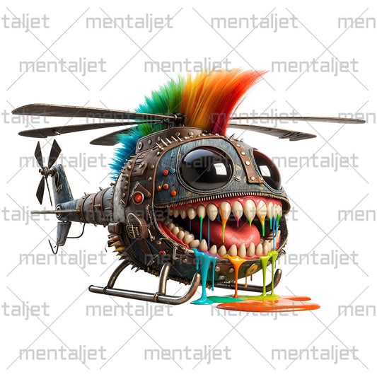 Funny copter gift, Mad smile helicopter punk, Cool flying monster, Crazy flight speed, Cartoon transport in PNG