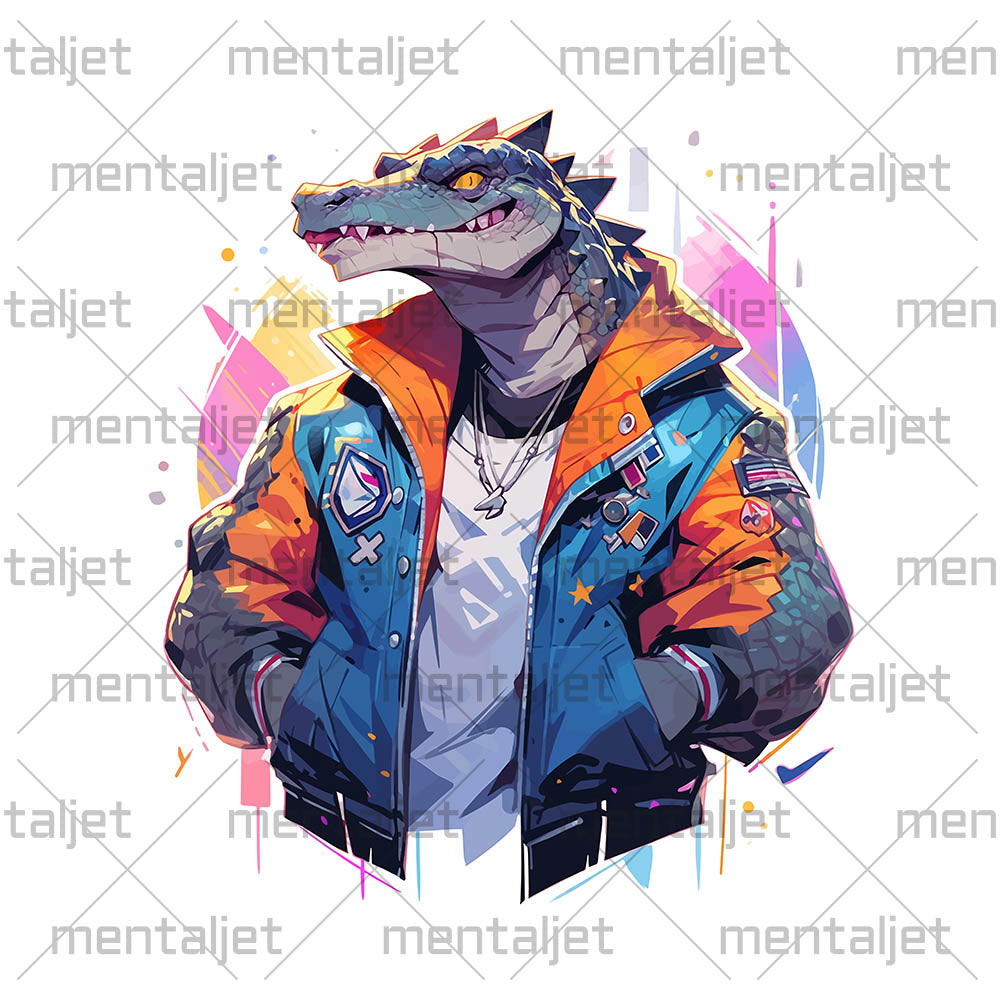 Crocodile sports trainer in bright jacket, Most stylish reptile in the urban jungle, Confident grip and strong jaw - White glossy mug