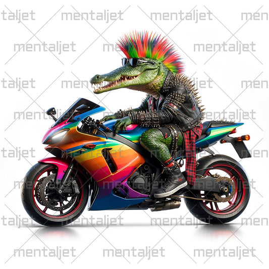 Alligator on sport bike, Crocodile punk and motorcycle, Road beast, Cool reptile motorcyclist, Moto racing and speed, Biker animals PNG