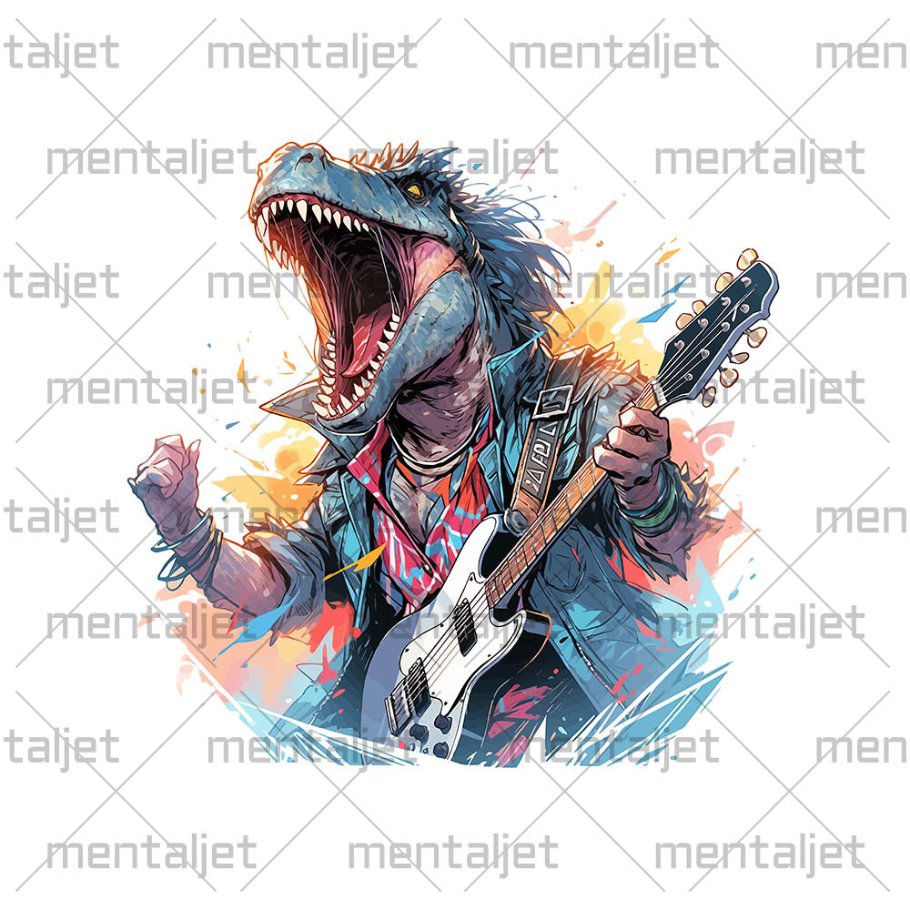 Dinosaur with guitar, Dino and sharp teeth of hard rock, Dragon rock and roll, Most music reptile in urban jungle - Unisex t-shirt
