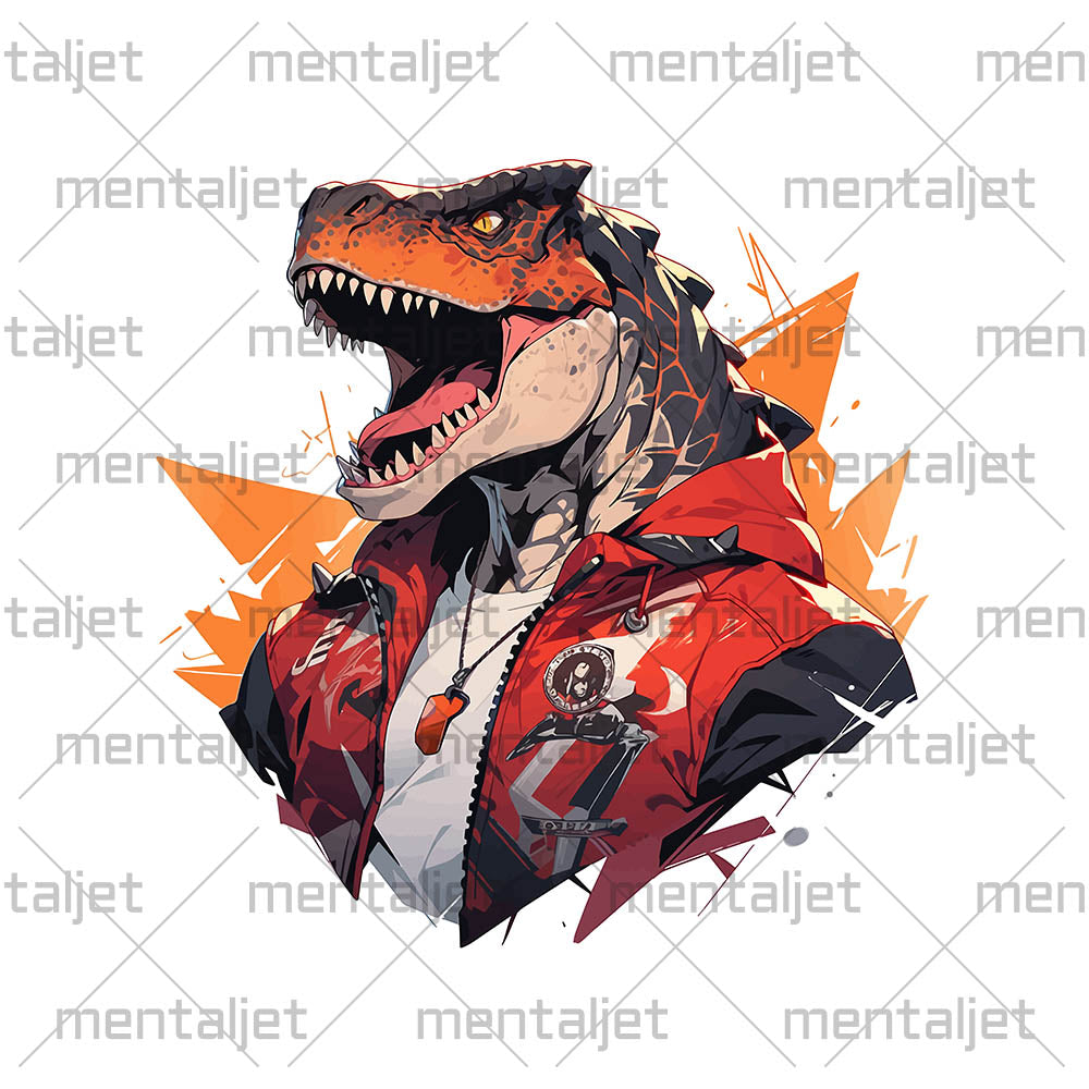 Confident grip and strong jaw, Dinosaur sports trainer in red jacket, Most stylish reptile in the urban jungle, Dino roar - White glossy mug