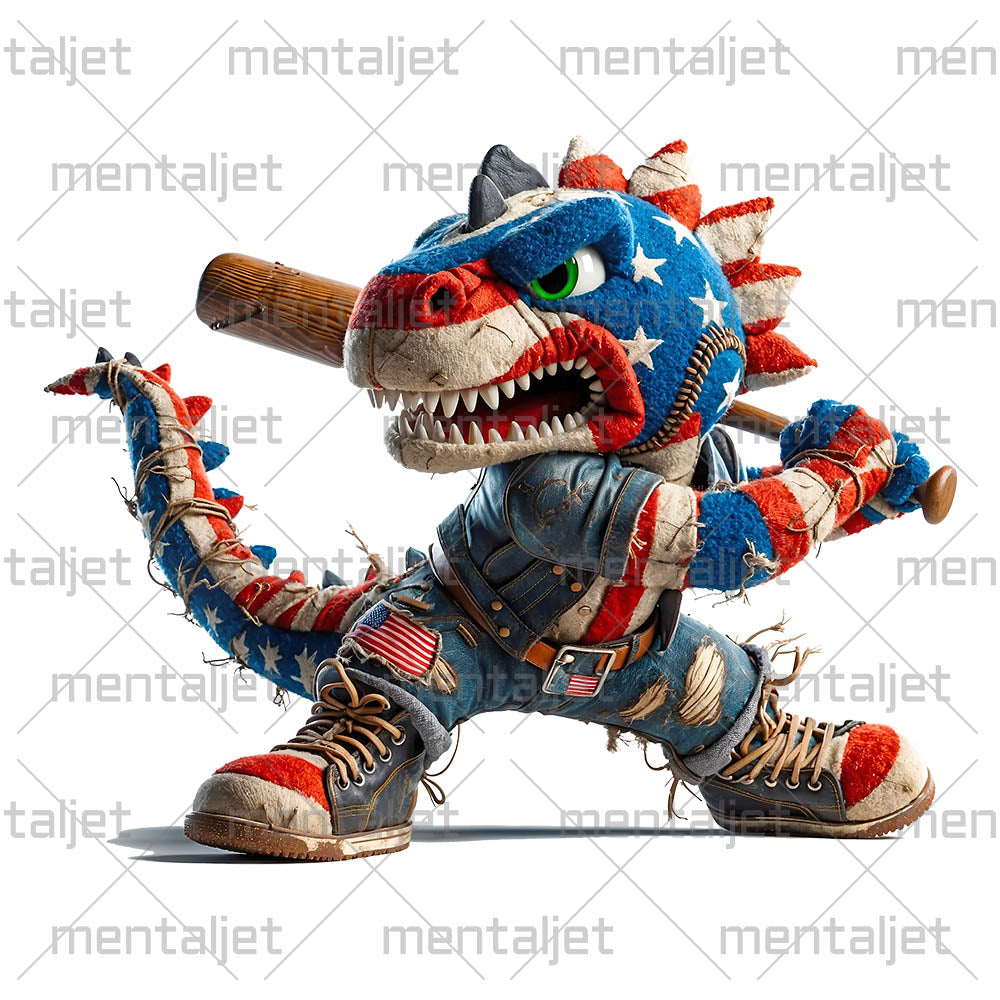 Angry dino playing baseball, Sports dinosaur, Cute patchwork reptile, Colors USA flag, Patriotic cartoon animal PNG