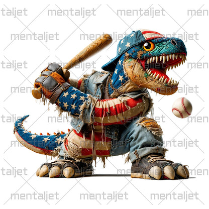 Colors USA flag, Dinosaur playing baseball, Angry patchwork reptile, Sport and dino, Patriotic cartoon animal PNG