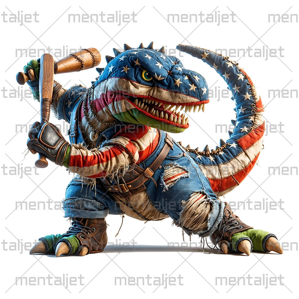 Sports angry dinosaur, Dragon playing baseball, Patchwork reptile, Colors USA flag, Patriotic cartoon animal PNG