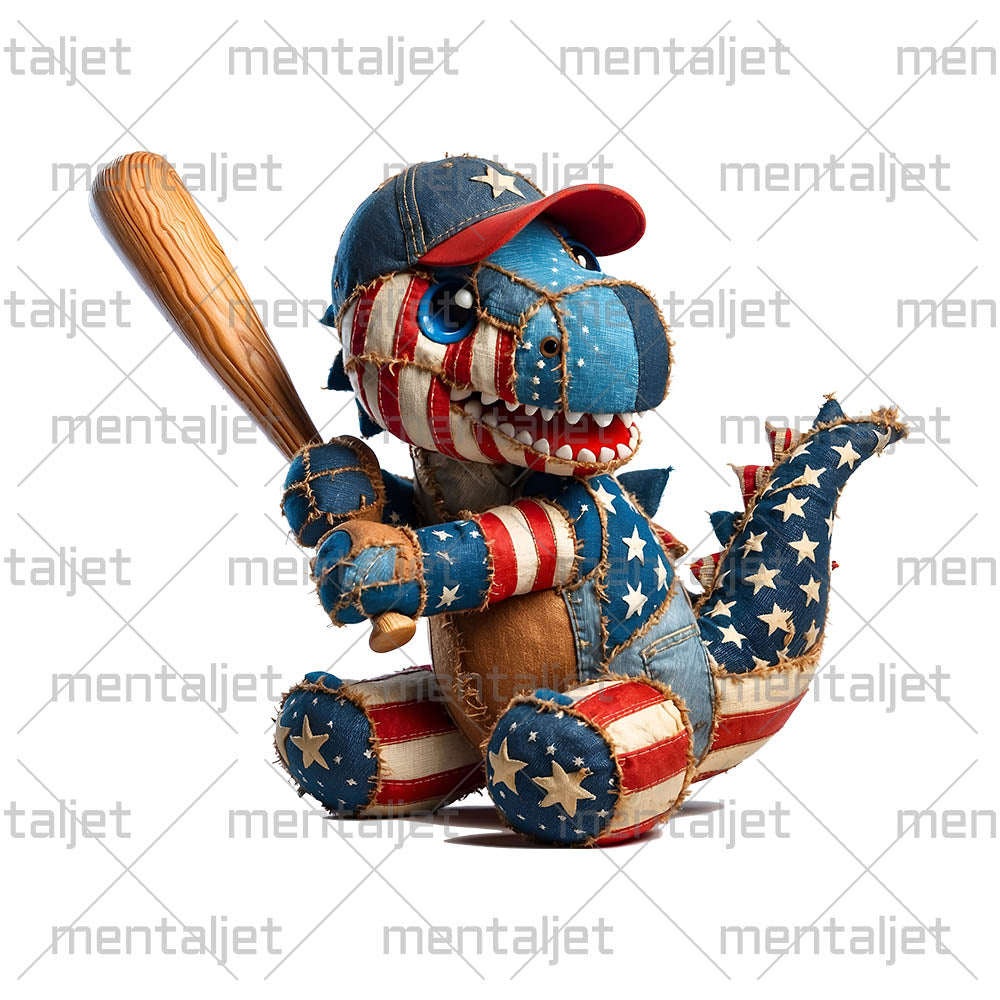Dinosaur playing baseball, Cute patchwork reptile, Sport and dino, Colors USA flag, Patriotic cartoon animal PNG