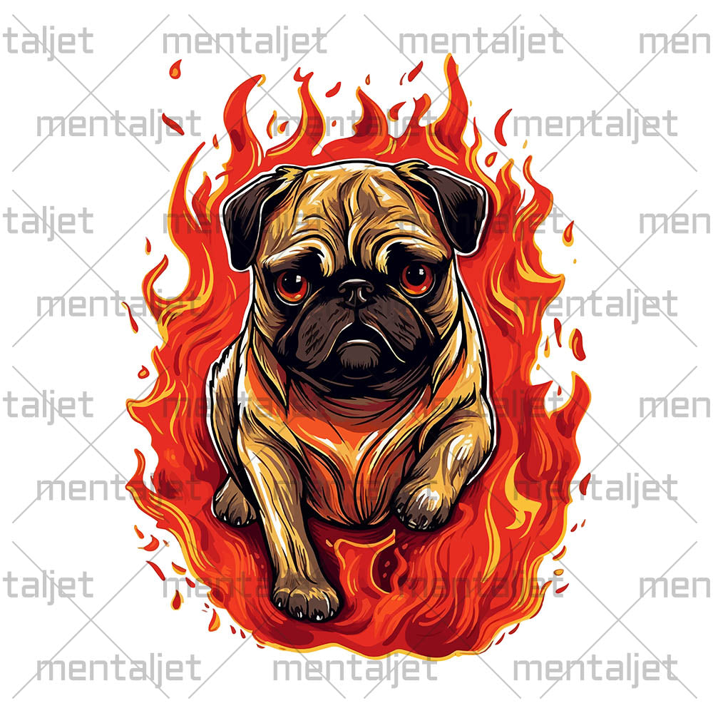 Hot dog, Pug on fire, Fantasy animals, Pet illustration PNG, Fantasy art dog portrait, Doggy on flame, Serious pug