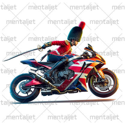 English guard on sport bike, Sabre and motorcycle, Road warrior, Soldier rider, Moto racing and speed, Bikers in PNG