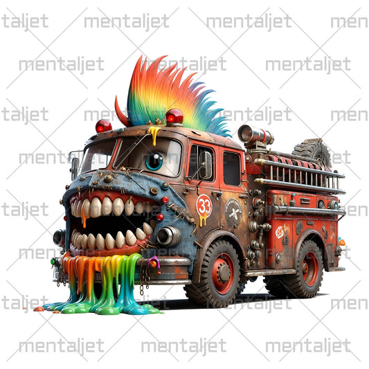 Crazy fire truck, Cartoon truck, Punk red truck, Urban funny beast, Smiling monster car, Cute transport PNG