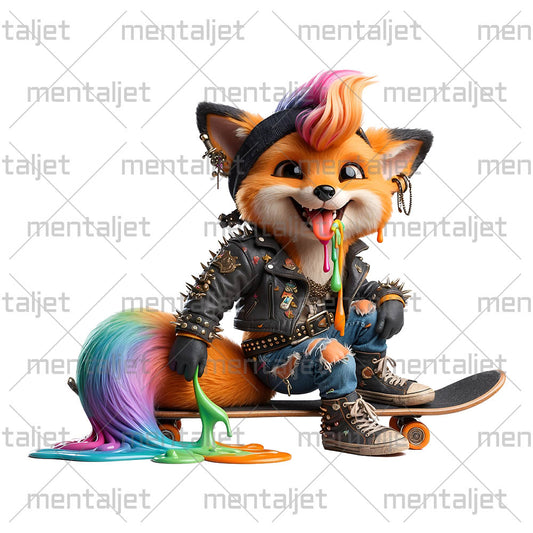 Fox on skateboard, Cute fox punk, Funny smiling fox, Little animals in PNG