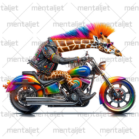Giraffe punk on motorcycle, Long neck road beast, Cool animal motorcyclist, Moto racing and speed, Biker animals PNG