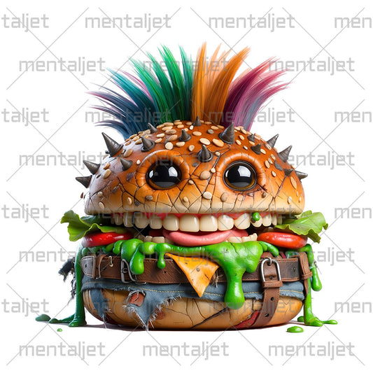 Hamburger crazy punk, Cute food, Wild smiling burger, Funny child gift, Cool sandwich in PNG