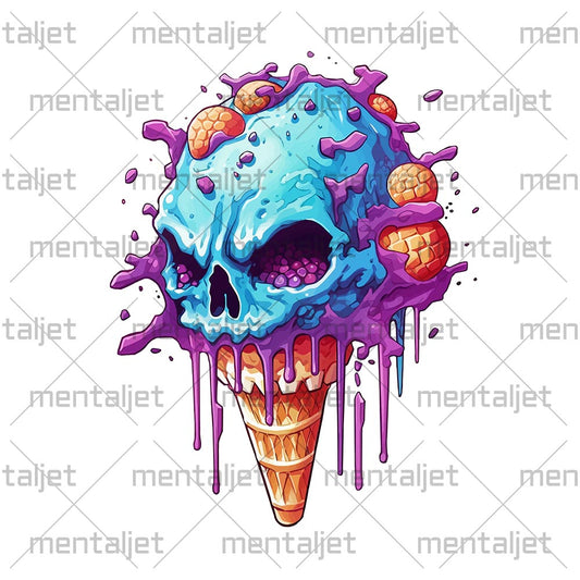 Skull head that has a purple and blue candy, Skull ice cream, Pop Art illustration PNG, Cartoon zombie skull with crazy dripping cola