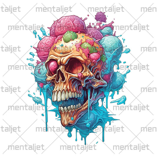 Ice cream skull, Head bones with purple and blue candies, Pop Art style illustration PNG, Cartoon skull with crazy dripping ice cream