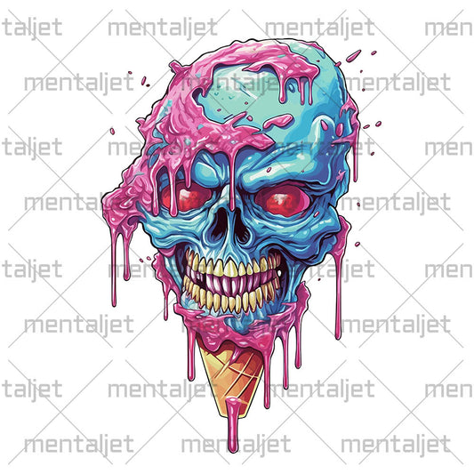 Head bones with purple and blue candies, Ice cream skull and red eyes, Pop Art style illustration PNG, Cartoon skull zombie and crazy ice cream