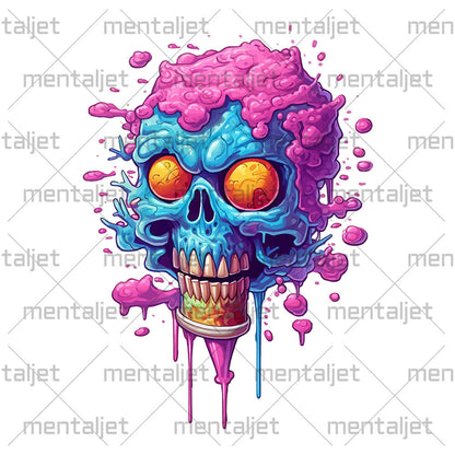 Ice cream cartoon skull, Yellow candy eyes, Purple and blue head bones, Pop art style illustration, Crazy hair and dripping ice cream - Unisex t-shirt
