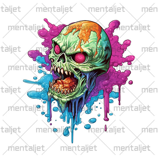 Green skull ice cream cartoon, Purple candy zombie eyes, Head bones, Pop art illustration PNG, Crazy dripping ice cream