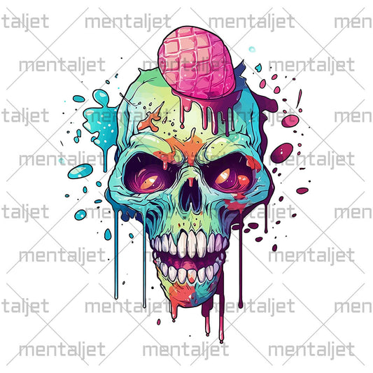Cartoon skull zombie and crazy ice cream, Head bones and red eyes, Skull ice cream, Pop Art style illustration PNG