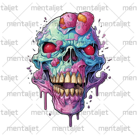 Ice cream skull, Head bones with pink candies and red eyes, Pop Art style illustration PNG, Cartoon skull with crazy dripping ice cream