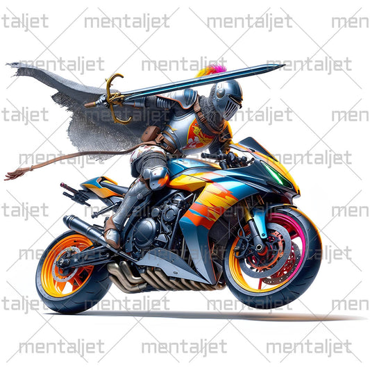 Knight on sport bike, Sword and motorcycle, Road warrior, Armored motorcyclist, Moto racing and speed, Bikers in PNG