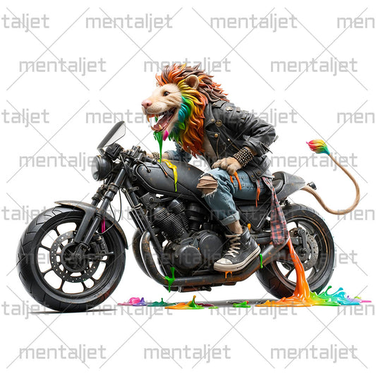 Lion on motorcycle, King of urban jungle and bike, Road king, Big cat motorcyclist, Moto racing and speed, Biker animals PNG