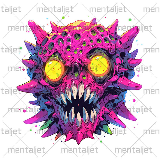 Crazy Pop Art illustration PNG, Zombie virus, Yellow evil eyes, Horns and fangs