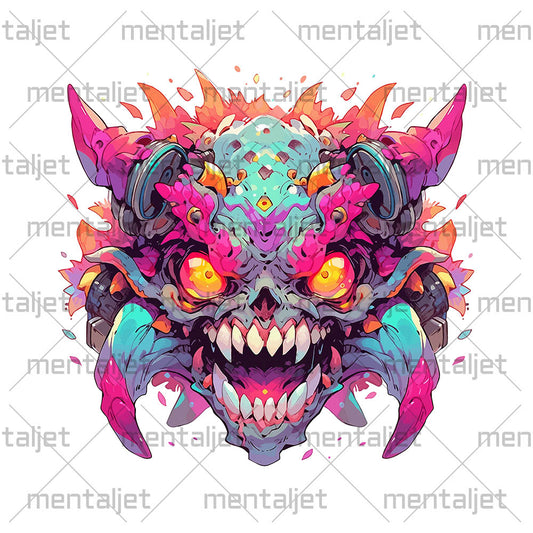 Horned and toothy monster, Crazy colorful illustration PNG, Fantastic yellow evil eyes, Wild mutant
