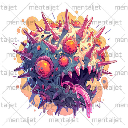 Orange evil eyes, Crazy illustration PNG, Zombie virus with sharp horns and fangs