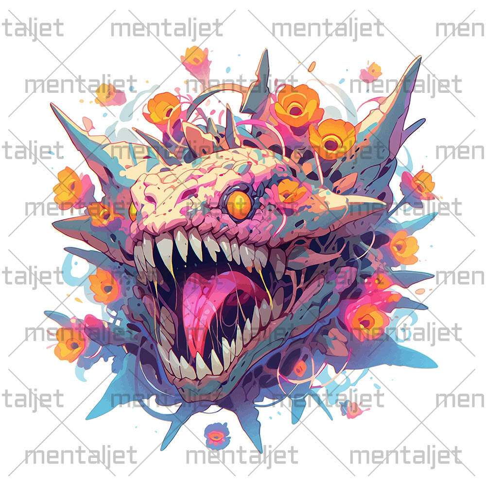 Colorful crazy monster illustration, Orange evil eyes, Mutant with sharp horns and fangs in flowers - White glossy mug