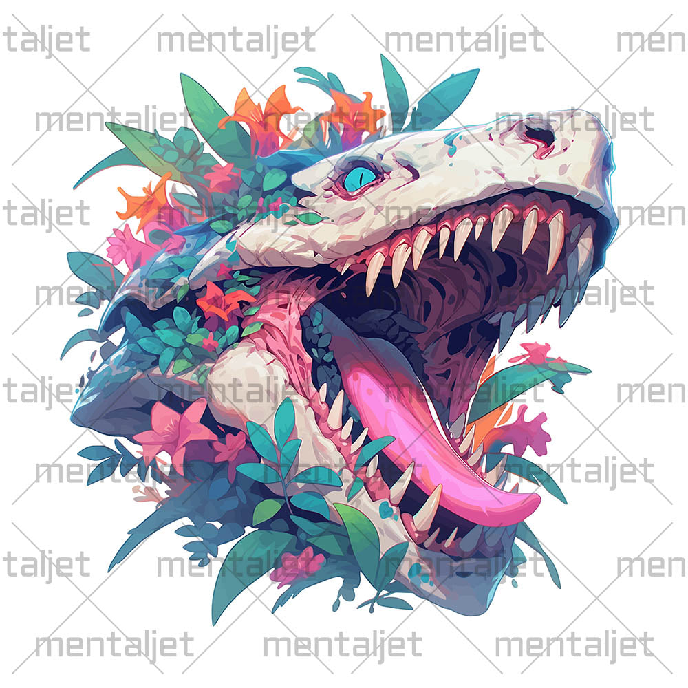 Dino jaws and toothy monster, Wild jungle predator in flowers, Fantastic roar dragon, Fantasy animal illustration - White glossy mug