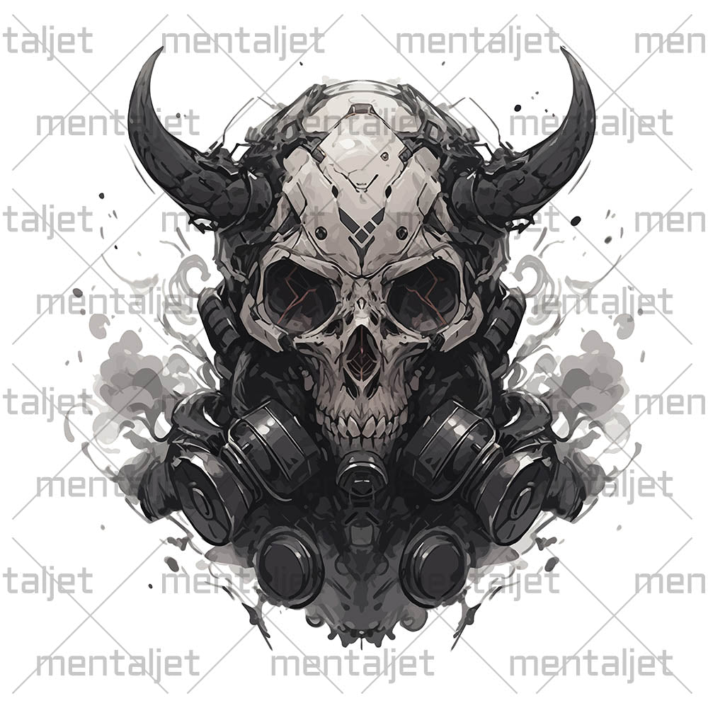 Cyberpunk illustration, Manga style skull in gas mask, Fantastic monster head bones with horns, Horror fantasy - Men's classic tee