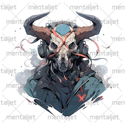 Fantastic monster head bones with horns, Horror fantasy, Cyberpunk illustration, Manga style skull in gas mask - Men's classic tee