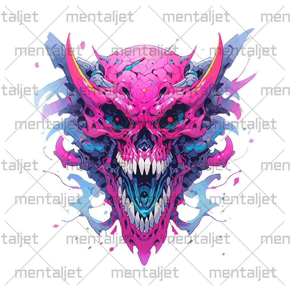 Horned cyber mutant, Hellish red eyes and sharp teeth, Fantasy monster skull, Fantastic creature head - White glossy mug