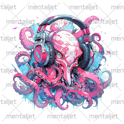 Cyber octopus in headphones, Cyberpunk manga illustration, Animals fantastic and music, Fantasy cyber mutant - Unisex Hoodie