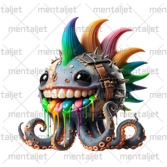 Smiling cartoon octopus, Funny octopus punk, Cute octopus, Little sea animals in PNG
