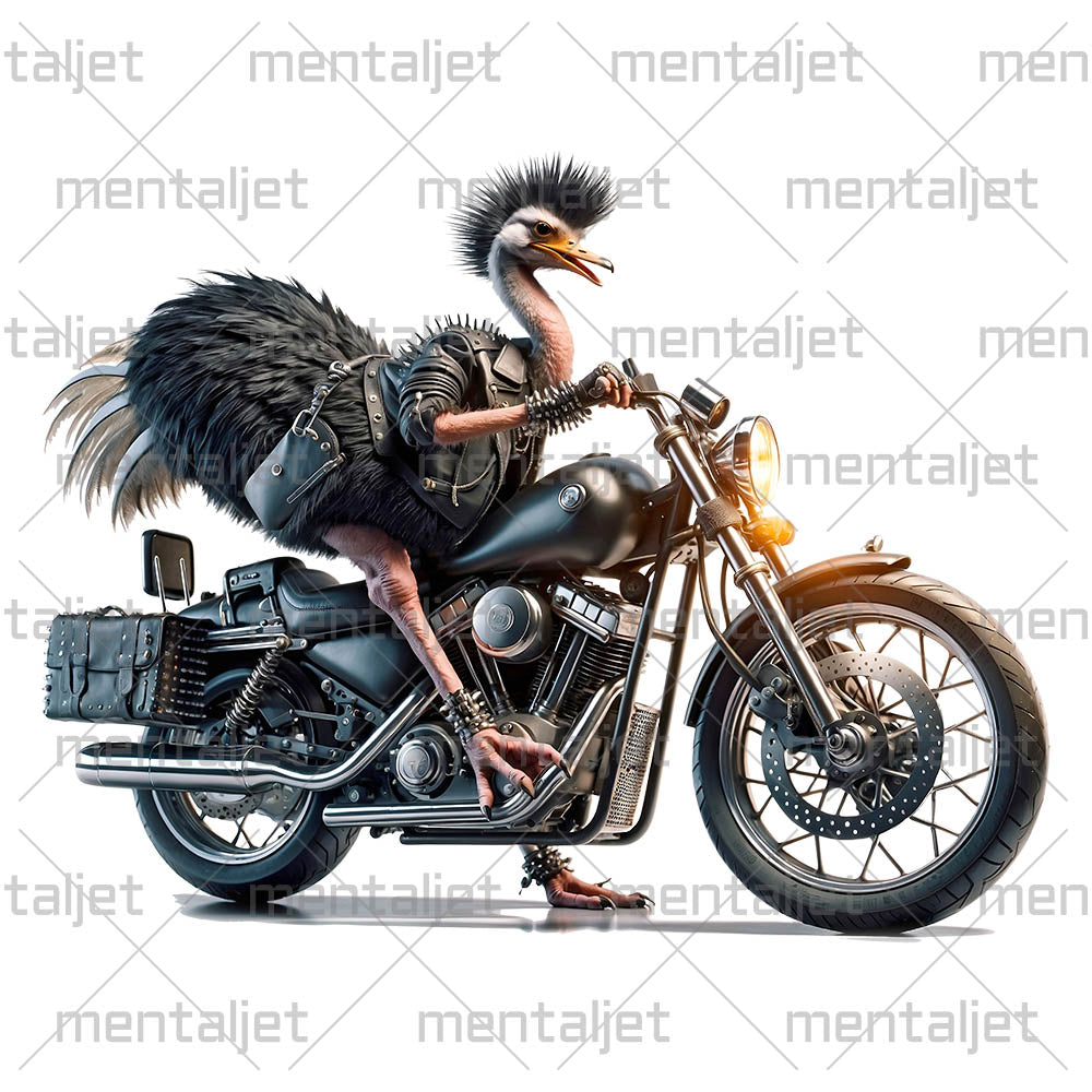 Ostrich punk on motorbike, Cool bird motorcyclist, Road beast and motorcycle, Moto racing and speed, Biker animals PNG