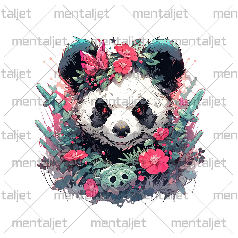 Angry panda in flowers, Bamboo bear and cactus, Black and white bear, Red eyes animal wild - Unisex Hoodie