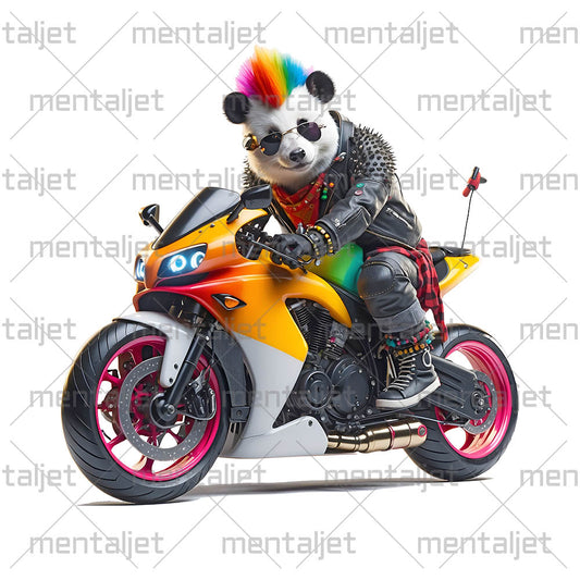 Panda punk on motorcycle, Road beast, Bamboo bear sport bike, Black and white bear motorcyclist, Moto racing and speed, Biker animals PNG