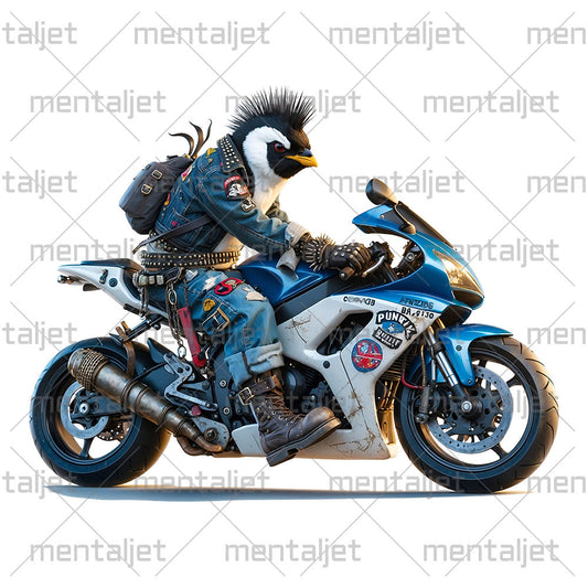 Penguin punk on sport bike, Cool bird motorcyclist, Road beast and motorcycle, Moto racing and speed, Biker animals PNG