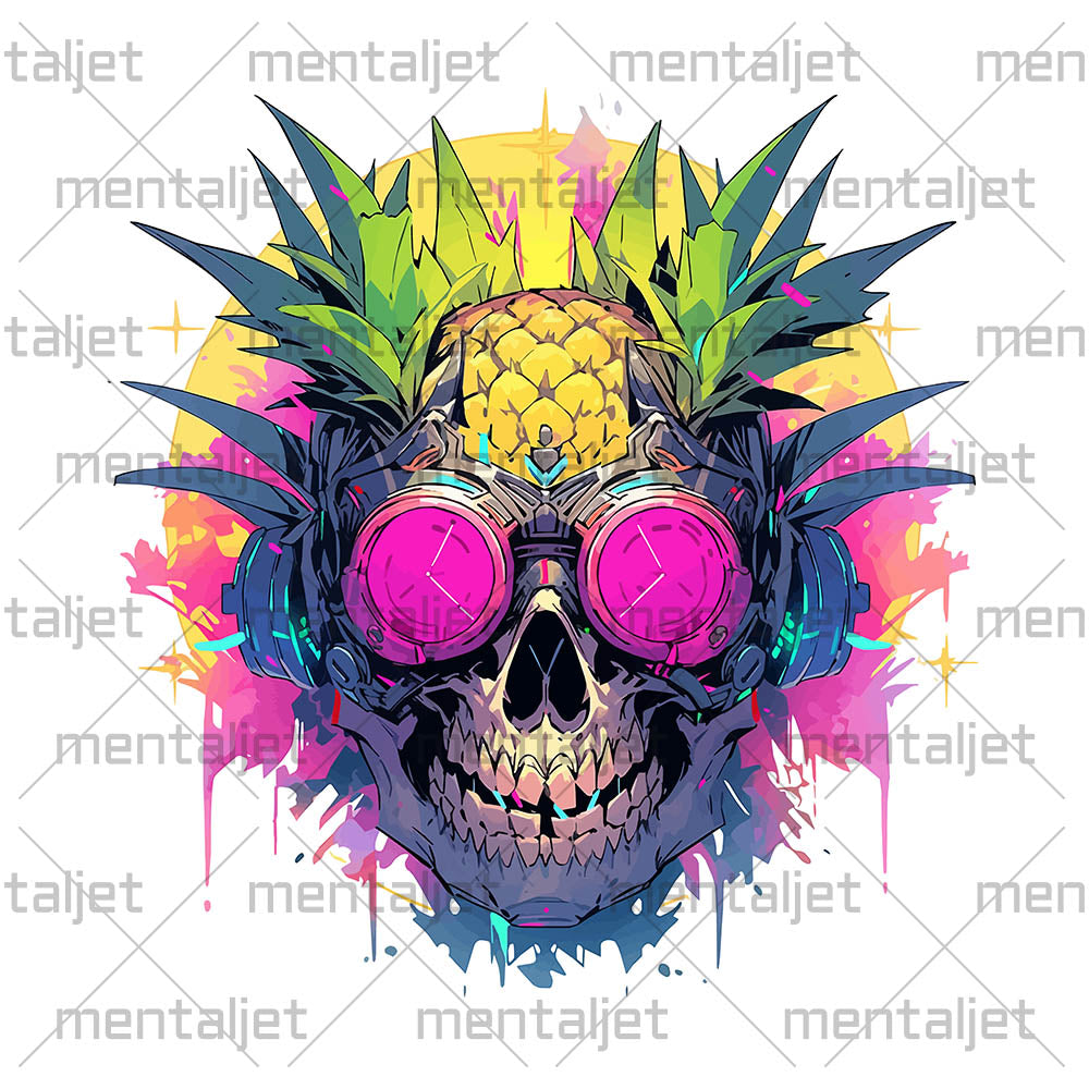 Fantastic mutant on magenta glasses, Fantasy fruit illustration, Pineapple skull in headphones, Pineapple monster Pop Art - White glossy mug