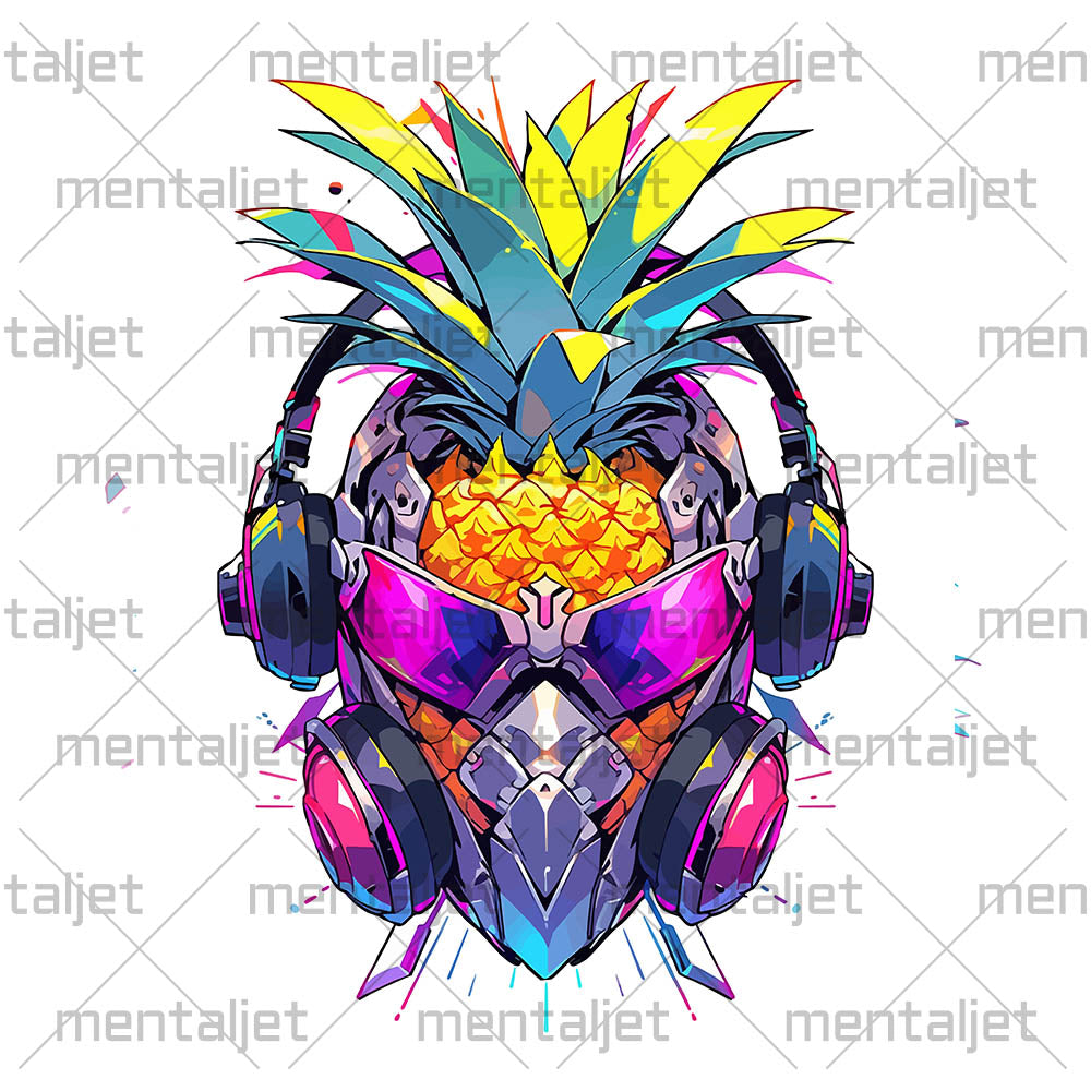 Cyber pineapple in headphones and pink glasses, Fantastic fruit cyborg head, Pop Art fantasy mutant - White glossy mug