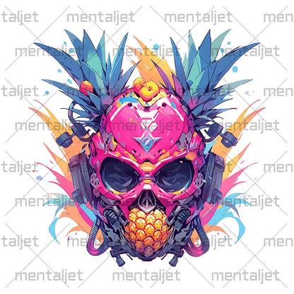 Fantastic fruit cyborg head, Cyber skull, Pineapple in headphones, Pop Art fantasy pink mutant - White glossy mug