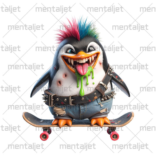 Funny smiling penguin, Penguin on skateboard, Cute penguin punk, Cool little animals in PNG