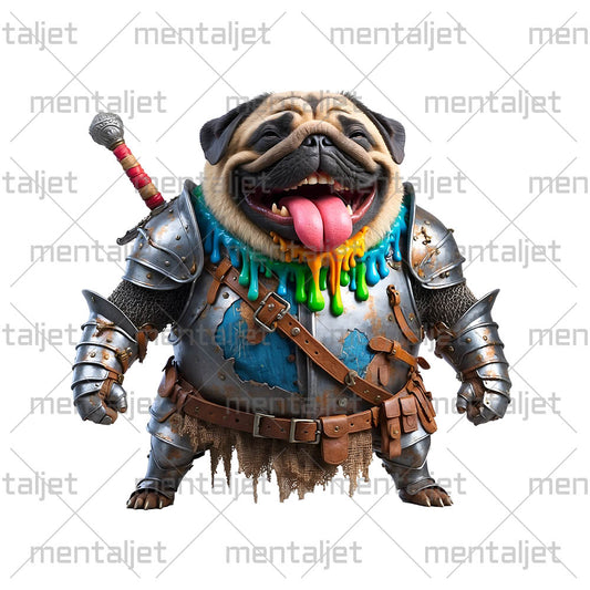Cute knight pug with sword, Funny dog illustration, Smiling warrior pug, Doggy in PNG